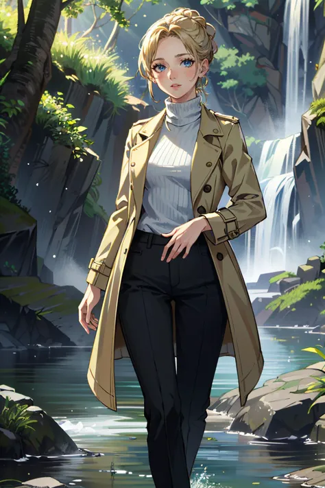 ((ultra detailed, masterpiece, absurdres))
<lora:UncElena:0.9>
UncElena, 1girl, solo, hair updo, blue eyes, blonde hair, Trench coat, turtleneck sweater, tailored trousers, pumps , in front of Dreamy Waterfall Surrounded by Lush Greenery