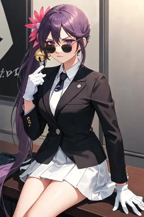 best quality, masterpiece, highres, solo, {black business suit:1.40}, {tie:1.20}, {sunglasses:1.25}, {white gloves:1.15}, {white shirt:1.10}, {black skirt:1.15}, {smoking:1.20}, handsome, {akebono_kantaicollection:1.15}, purple_hair, long_hair, hair_ornament, side_ponytail, purple_eyes, flower, hair_flower, hair_bell, bell, jingle_bell, serafuku, blush, very_long_hair