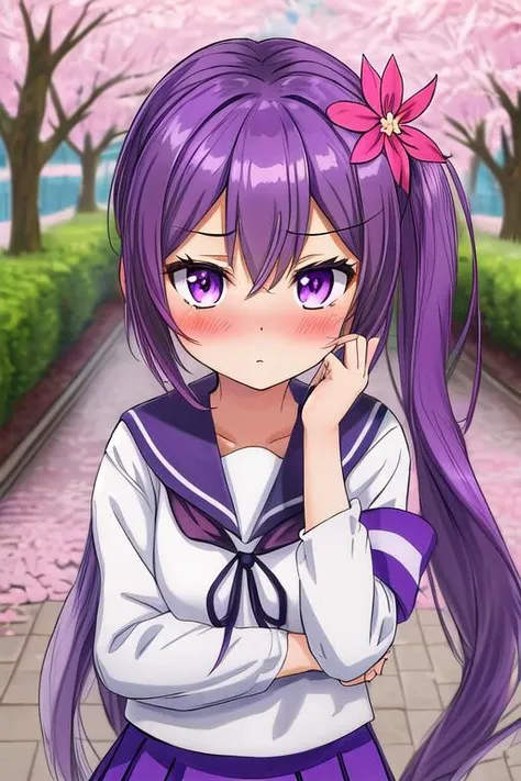 Anime girl with long purple hair and a pink flower in her hair - SeaArt AI