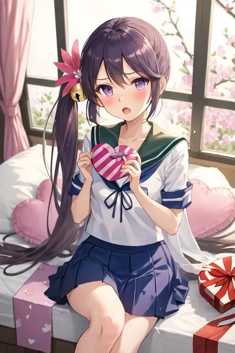 best quality, masterpiece, highres, solo, {akebono_kantaicollection:1.15}, purple_hair, long_hair, hair_ornament, side_ponytail, purple_eyes, flower, hair_flower, hair_bell, bell, jingle_bell, serafuku, blush, very_long_hair, 1girl, gift, looking_at_viewer, school_uniform, valentine, box, heart-shaped_box, heart, gift_box, open_mouth, skirt