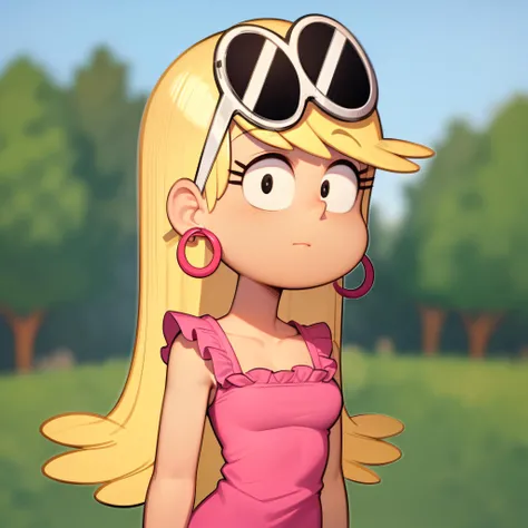 ((masterpiece, best quality)),solo,1girl, upper body, leni loud, blonde hair, long hair, pink dress, <lora:LeniLoud2:0.8>, earrings, eyewear on head, hoop earrings, forest,