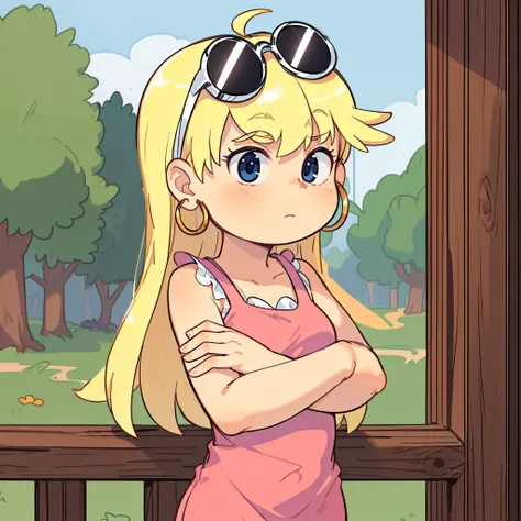 ((masterpiece, best quality)),solo,1girl, upper body, leni loud, blonde hair, long hair, pink dress, <lora:LeniLoud2:0.6>, earrings, sandals, eyewear on head, hoop earrings, forest, crossed arms,