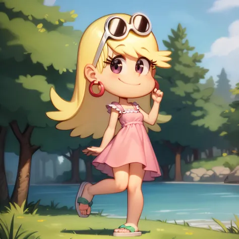 ((masterpiece, best quality)),solo,1girl, full body, leni loud, blonde hair, long hair, pink dress, <lora:LeniLoud1-0606:0.6>, earrings, eyewear on head, hoop earrings, forest, smile, sandals,