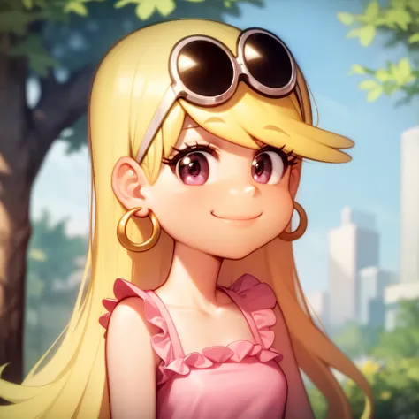 ((masterpiece, best quality)),solo,1girl, upper body, leni loud, blonde hair, long hair, pink dress, <lora:LeniLoud1-0606:0.6>, earrings, eyewear on head, hoop earrings, forest, smile,