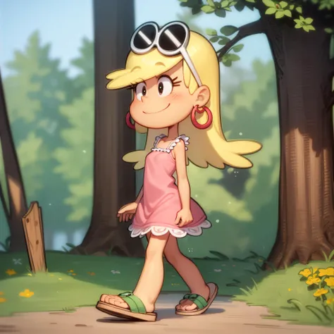 ((masterpiece, best quality)),solo,1girl, full body, leni loud, blonde hair, long hair, pink dress, <lora:LeniLoud1-0606:0.6>, earrings, eyewear on head, hoop earrings, forest, smile, sandals, walking,