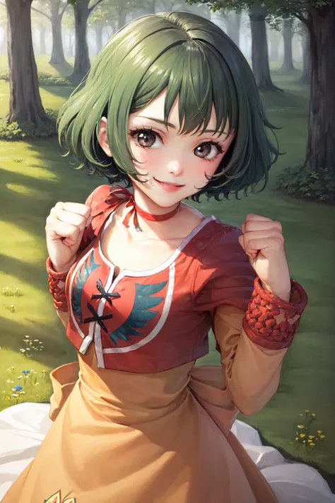 (masterpiece, best quality:1.2), <lyco:talesofeternia_oersted-09:1.0>, cowboy shot, solo, 1girl, farah oersted, smile, looking at viewer, clenched fist, cropped jacket, dress, bow, choker