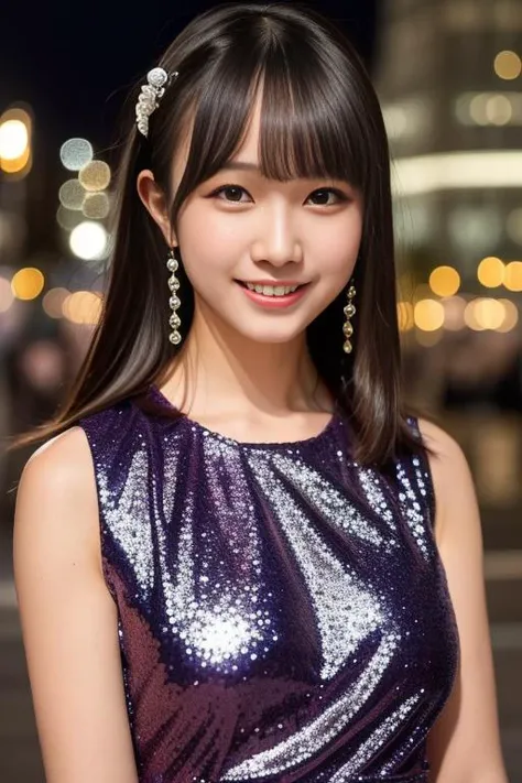 1girl, (wearing a glittery evening dress:1.8),(RAW photo, best quality), (realistic, photo-realistic:1.4), masterpiece, an extremely delicate and beautiful, extremely detailed, 2k wallpaper, Amazing, finely detail, extremely detailed CG unity 8k wallpaper, ultra-detailed, highres, soft light, beautiful detailed girl, extremely detailed eyes and face, beautiful detailed nose, beautiful detailed eyes,cinematic lighting,(in the city at night:2.0),(night city view:1.8),perfect anatomy,(slender body:2.0),(laughing:1.4),(close up:2.0),(open eyes:1.4),(looking at viewer),(young japanese idol:1.8),cinematic angle,(wavy hair), (brown eyes:1.8),(standing:2.0), (cleavage:1.2), <lora:yamakitasaki_lora-01:0.8>