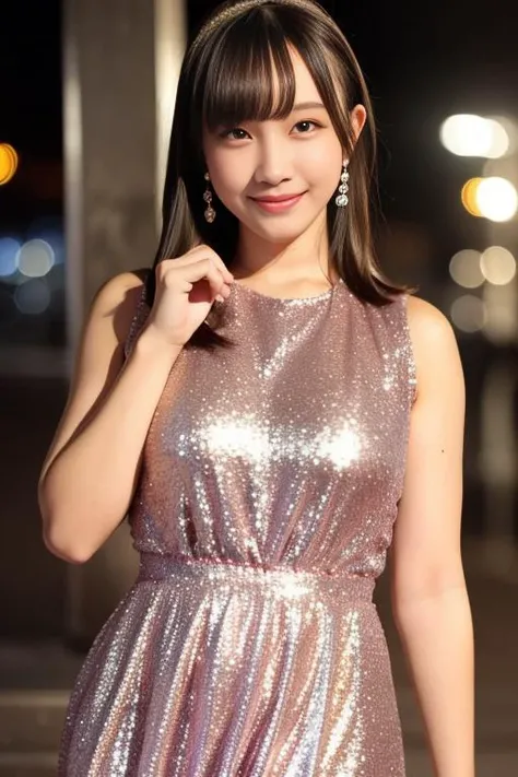1girl,(wearing a sleeveless glittery dress:1.4),(RAW photo, best quality), (realistic, photo-realistic:1.4), masterpiece, an extremely delicate and beautiful, extremely detailed, 2k wallpaper, Amazing, finely detail, extremely detailed CG unity 8k wallpaper, ultra-detailed, highres, soft light, beautiful detailed girl, extremely detailed eyes and face, beautiful detailed nose, beautiful detailed eyes,cinematic lighting,city lights at night,perfect anatomy,slender body,smiling, <lora:hazukisaara_lora:0.8>