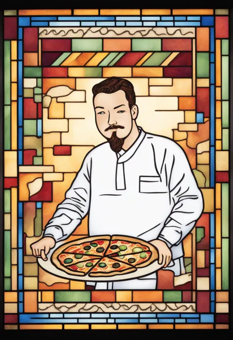 Stained glass style best quality, a man eating a pizza in the restaurant <lora:shinyunbok_cute_lora:1> . Vibrant, beautiful, translucent, intricate, detailed