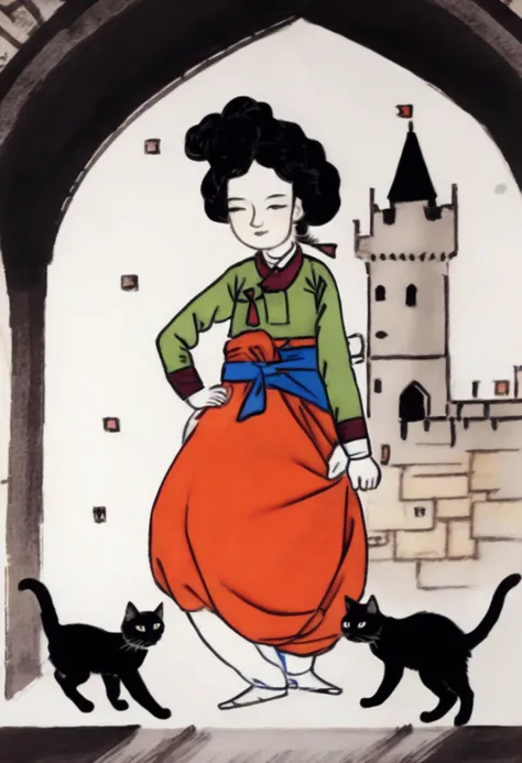 best quality, a lady with a cat in the castle <lora:shinyunbok_cute_lora:1>