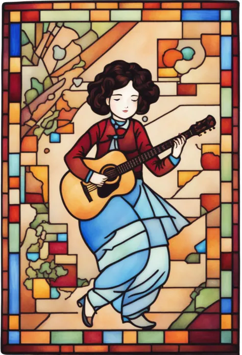Stained glass style best quality, a girl playing guitar in the cafe <lora:shinyunbok_cute_lora:1> . Vibrant, beautiful, translucent, intricate, detailed