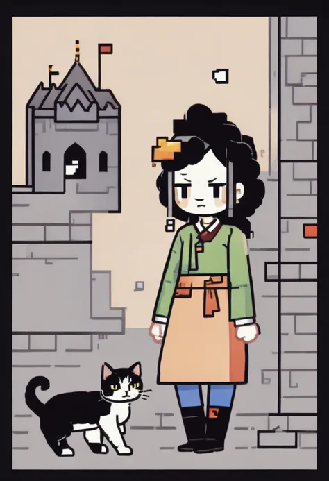 pixel-art best quality, a lady with a cat in the castle <lora:shinyunbok_cute_lora:1> . low-res, blocky, pixel art style, 8-bit graphics