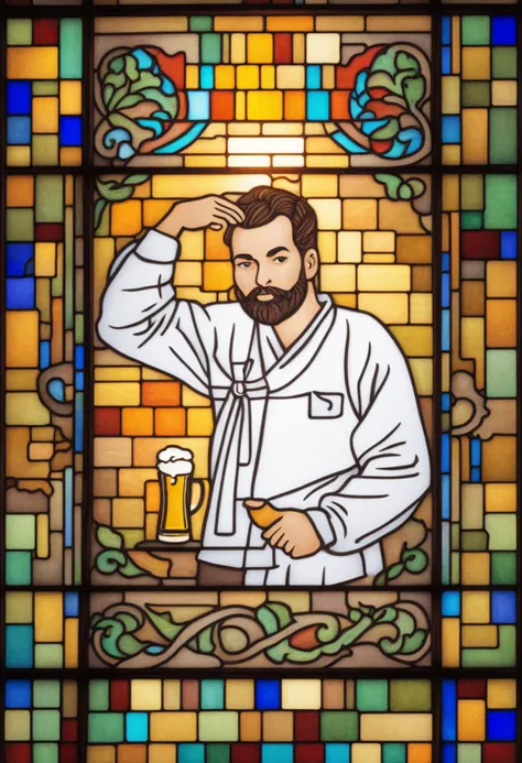 Stained glass style best quality, a man drinking a beer at the bar <lora:shinyunbok_cute_lora:1> . Vibrant, beautiful, translucent, intricate, detailed