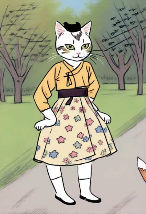 best quality, a cat wearing a dress in the park <lora:shinyunbok_cute_lora:1>