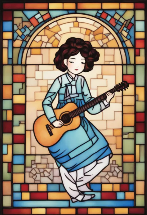 Stained glass style best quality, a girl playing guitar in the cafe <lora:shinyunbok_cute_lora:1> . Vibrant, beautiful, translucent, intricate, detailed