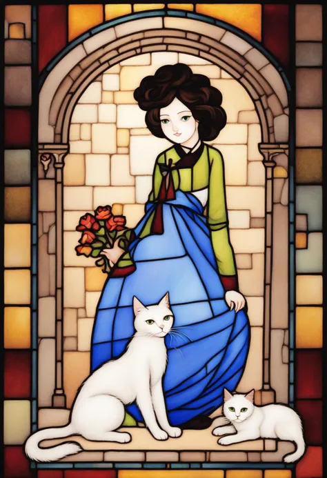 Stained glass style best quality, a lady with a cat in the castle <lora:shinyunbok_cute_lora:1> . Vibrant, beautiful, translucent, intricate, detailed
