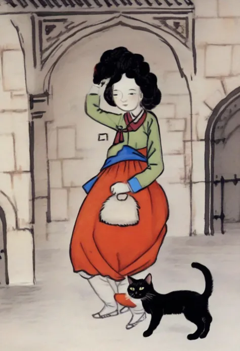 best quality, a lady with a cat in the castle <lora:shinyunbok_cute_lora:1>