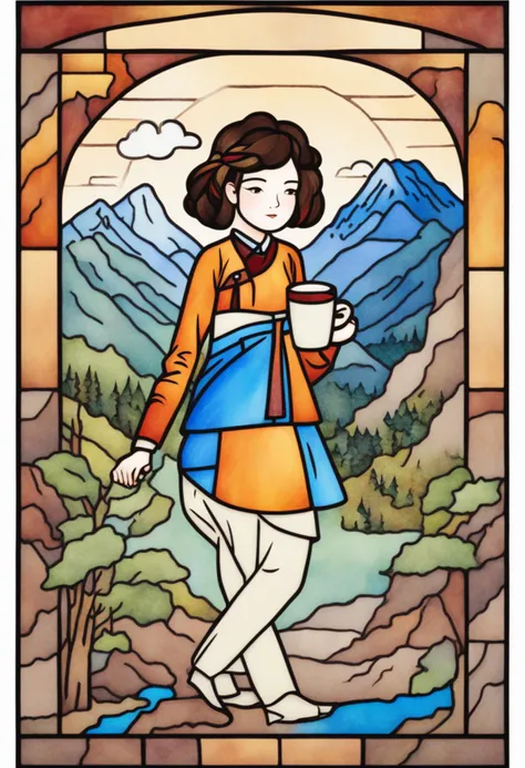 Stained glass style best quality, a girl holding a coffee, mountain in the background <lora:shinyunbok_cute_lora:1> . Vibrant, beautiful, translucent, intricate, detailed