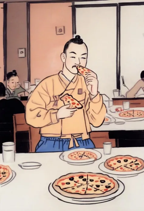 best quality, a man eating a pizza in the restaurant <lora:shinyunbok_cute_lora:1>