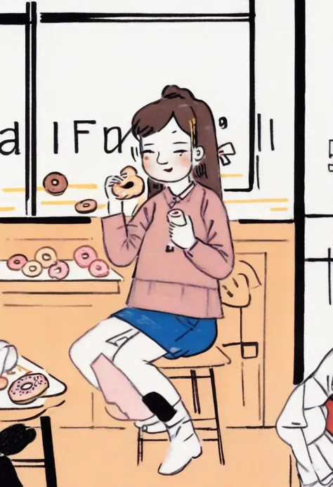 best quality, a girl eating a donut in the cafe <lora:shinyunbok_cute_lora:1>