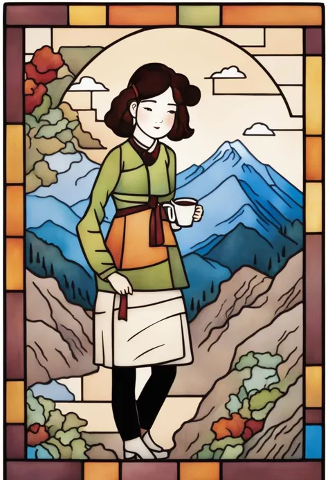 Stained glass style best quality, a girl holding a coffee, mountain in the background <lora:shinyunbok_cute_lora:1> . Vibrant, beautiful, translucent, intricate, detailed