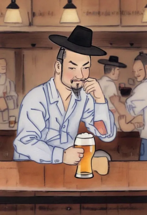 best quality, a man with a hat drinking a beer at the bar <lora:shinyunbok_cute_lora:1>