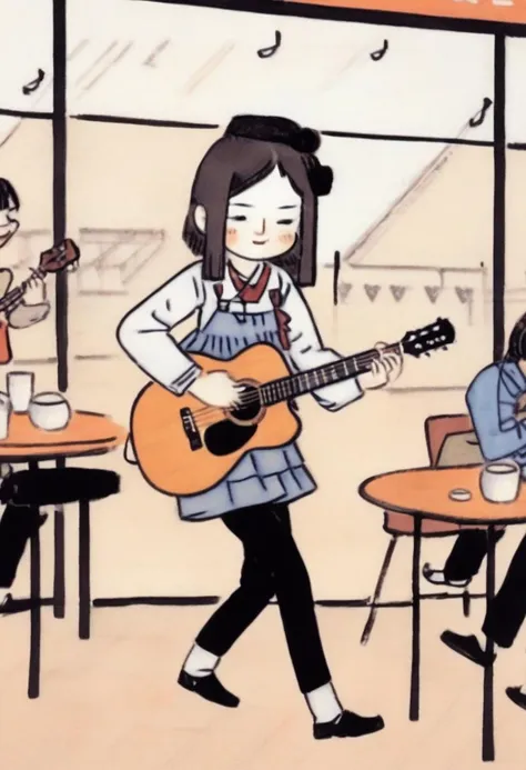 best quality, a girl playing guitar in the cafe <lora:shinyunbok_cute_lora:1>