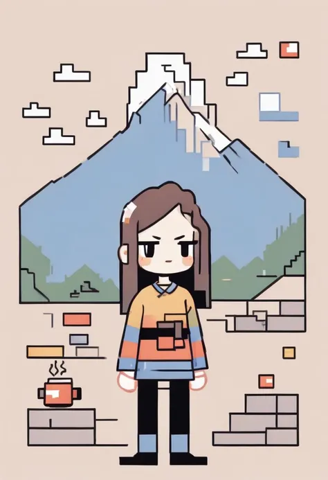 pixel-art best quality, a girl holding a coffee, mountain in the background <lora:shinyunbok_cute_lora:1> . low-res, blocky, pixel art style, 8-bit graphics