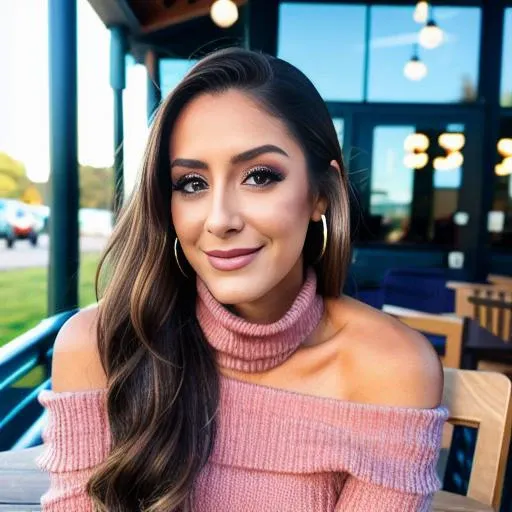 piercing eyes, looking straight, a 20 year old cute BrittBaker  very happy, wearing an off-shoulder sweater, choker, closeup portrait, in a outdoor cafe in 2015, afternoon light, <lora:BrittBaker:0.6>