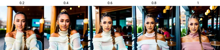piercing eyes, looking straight, a 20 year old cute BrittBaker very happy,long braided hair, wearing an off-shoulder sweater, choker, closeup portrait, in a outdoor cafe in 2015, afternoon light, <lora:BrittBaker:0.2>