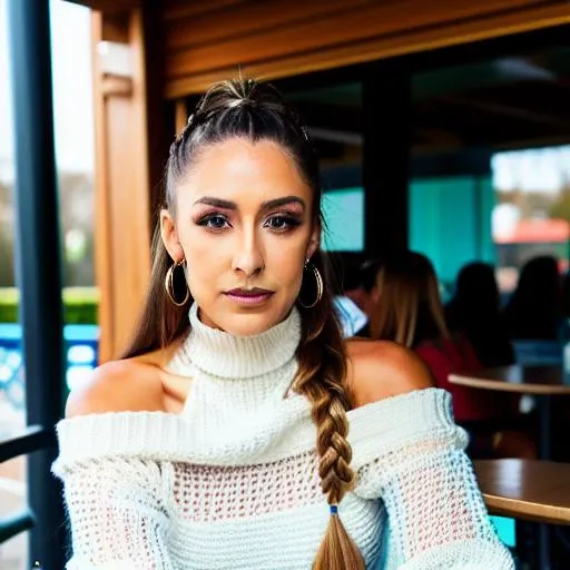 piercing eyes, looking straight, a 20 year old cute BrittBaker very happy,long braided hair, wearing an off-shoulder sweater, choker, closeup portrait, in a outdoor cafe in 2015, afternoon light, <lora:BrittBaker:0.6>
