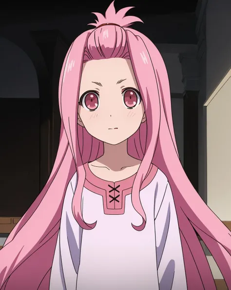 ((masterpiece)), (( best quality)), 1girl, solo, forehead, pink hair, red eyes, pink eyes, long hair, very long hair, upper body, looking at viewer, <lora:Koron-lion8bit-noreg:0.7>,
