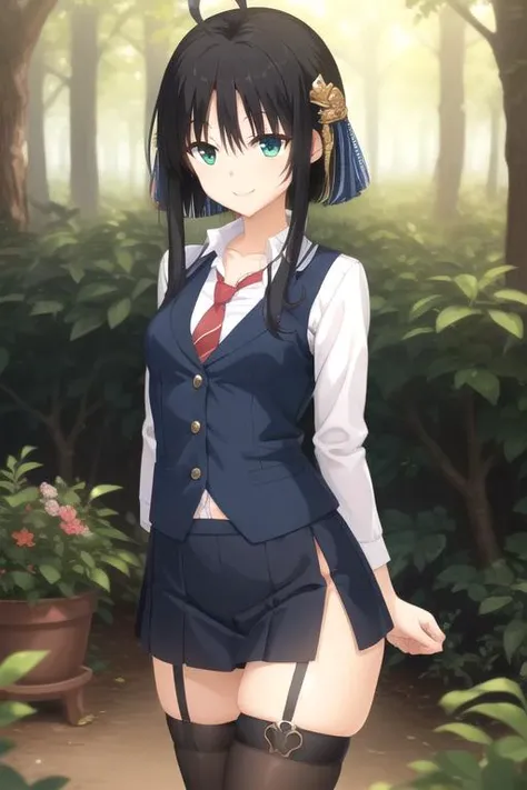 ((masterpiece)),(best quality),official art,extremely detailed CG,unity 8k wallpaper,ultra detailed,beautiful detailed eyes,extremely detailed face,forest,nature,1girl,solo,cowboy shot,looking at viewer,facing viewer,(petite:1.2),smile,Hitachi Mako,ahoge,long hair,black hair,short hair with long locks,hair intakes,hair ornament,bangs,green eyes,collarbone,blue vest,button,white shirt,collared shirt,red necktie,long sleeves,medium breasts,arms behind back,blue skirt,thigh strap,black thighhighs,loafers,<lora:Hitachi Mako(sb):0.8>,