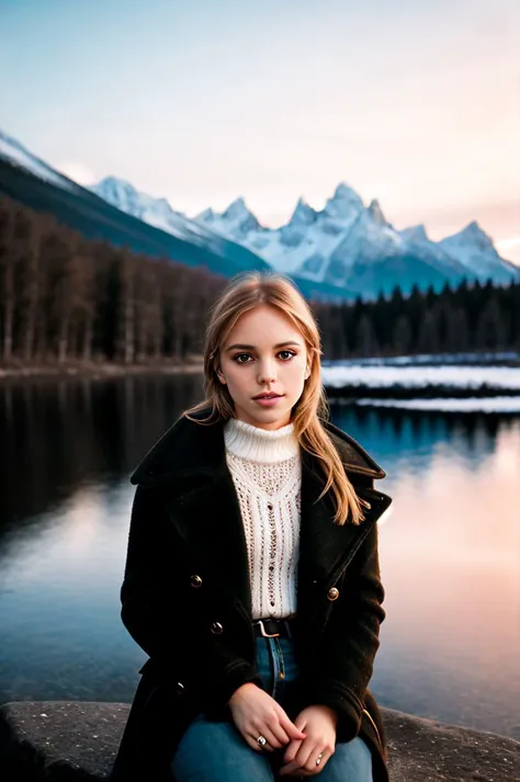 tv_Alea_MXAI, , , sad expression, wearing a winter coat, wearing winter pants, wearing winter boots, sitting on a rock by a frozen mountain lake, midnight, moonlight, shot from the side,, 8k resolution, highres, high detail, sharp focus, detailed skin, 8k uhd, bokeh, analog photography