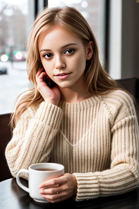 tv_Alea_MXAI, , , wearing a cozy knitted sweater, sitting in a café, holding a steaming mug with both hands, happy expression,, 8k resolution, highres, high detail, sharp focus, detailed skin, 8k uhd, bokeh, analog photography