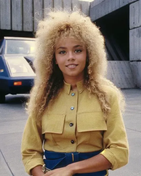 t0talr3call, portrait of a woman with permed blonde hair standing in front of a futuristic car with brutalist architecture slanted concrete buildings in the background, film screencap, 35mm, Eastman 100T 5247, Eastman 400T 5295, Arriflex 35 BL4, Zeiss Super Speed Lens, <lora:totalrecallstyle_lora:0.9>