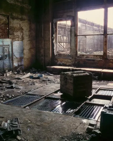 t0talr3call, inside a decrepit factory building with metal grate floor and a monitor on a table, film screencap, 35mm, Eastman 100T 5247, Eastman 400T 5295, Arriflex 35 BL4, Zeiss Super Speed Lens, <lora:totalrecallstyle_lora:0.8>