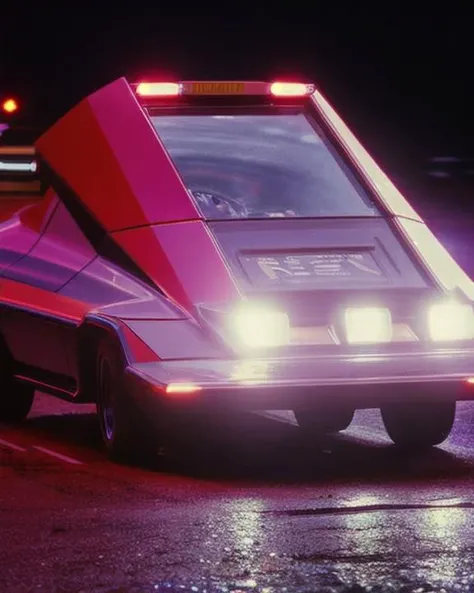 t0talr3call, a futuristic car at night with headlights on behind it a lighted sign that reads SONY TRINITRON, film screencap, 35mm, Eastman 100T 5247, Eastman 400T 5295, Arriflex 35 BL4, Zeiss Super Speed Lens, <lora:totalrecallstyle_lora:0.8>