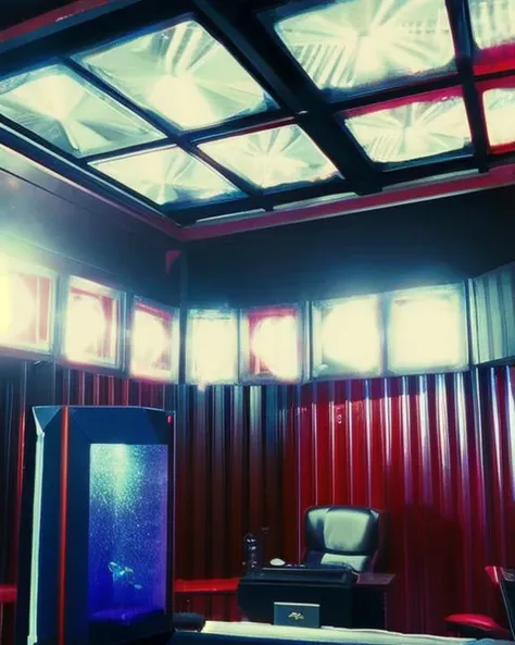 t0talr3call, a dark office of a wealthy sci-fi oligarch with dramatic blue and red lighting and corrugated steel wall with a black monitor on the wall and an octogonal aquarium in the foreground, lighted grated ceiling and a black leather chair, film screencap, 35mm, Eastman 100T 5247, Eastman 400T 5295, Arriflex 35 BL4, Zeiss Super Speed Lens, <lora:totalrecallstyle_lora:0.9>