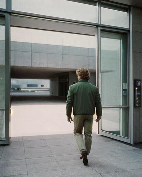 t0talr3call, back view of a man wearing grey trousers and a green jacket walking toward a building entrance with a large window and glass doors, brutalist architecture, film screencap, 35mm, Eastman 100T 5247, Eastman 400T 5295, Arriflex 35 BL4, Zeiss Super Speed Lens, <lora:totalrecallstyle_lora:0.8>