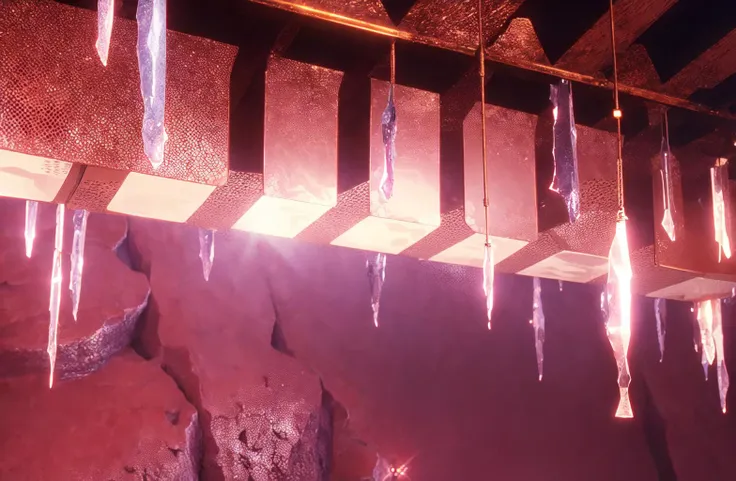 t0talr3call, rectangular smooth dark metal stalactites on a cave ceiling with a scaffolding ramp below it, bottom view, alien technology on mars, film screencap, 35mm, Eastman 100T 5247, Eastman 400T 5295, Arriflex 35 BL4, Zeiss Super Speed Lens, <lora:totalrecallstyle_lora:0.8>
