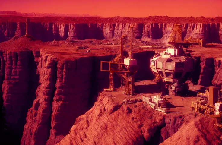 t0talr3call, a view of a mining operation on the surface of mars embedded in the cliffs of a canyon, giant domes, film screencap, 35mm, Eastman 100T 5247, Eastman 400T 5295, Arriflex 35 BL4, Zeiss Super Speed Lens <lora:totalrecallstyle_lora:0.8>