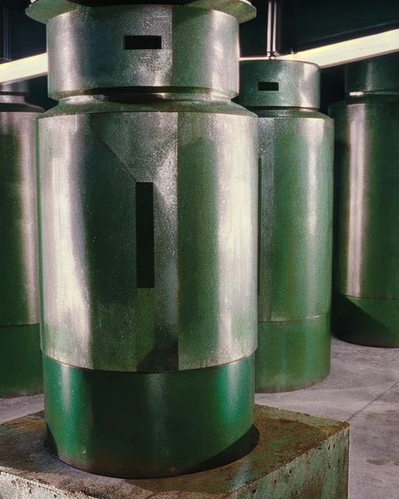 t0talr3call, a factory room with green painted steel cylinders and a rough grey floor, film screencap, 35mm, Eastman 100T 5247, Eastman 400T 5295, Arriflex 35 BL4, Zeiss Super Speed Lens, <lora:totalrecallstyle_lora:0.8>