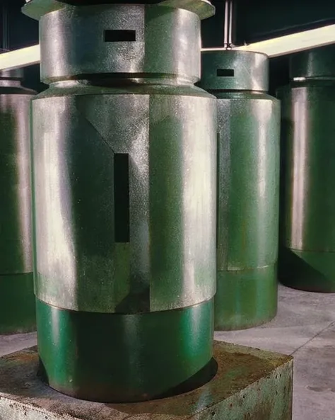 t0talr3call, a factory room with green painted steel cylinders and a rough grey floor, film screencap, 35mm, Eastman 100T 5247, Eastman 400T 5295, Arriflex 35 BL4, Zeiss Super Speed Lens,  <lora:totalrecallstyle_lora:0.8>