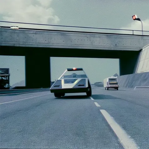 t0talr3call, a futuristic car driving down a road with a trapezoidal overpass, brutalist architecture, film screencap, 35mm, Eastman 100T 5247, Eastman 400T 5295, Arriflex 35 BL4, Zeiss Super Speed Lens, <lora:totalrecallstyle_lora:0.8>