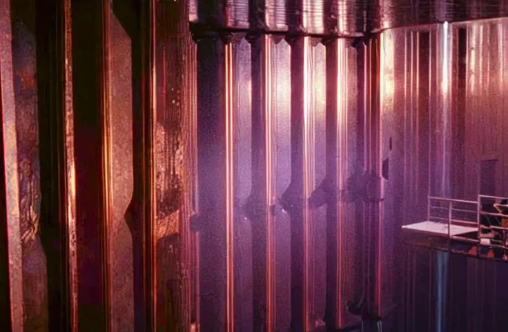 t0talr3call, rectangular smooth dark metal stalactites on a cave ceiling with a scaffolding ramp below it, alien technology on mars, film screencap, 35mm, Eastman 100T 5247, Eastman 400T 5295, Arriflex 35 BL4, Zeiss Super Speed Lens, <lora:totalrecallstyle_lora:0.8>