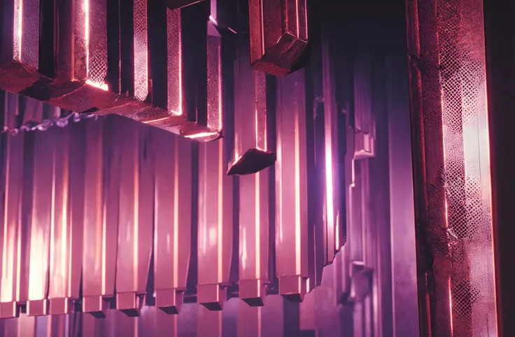 t0talr3call, rectangular smooth dark metal stalactites on a cave ceiling with a scaffolding ramp below it, bottom view, alien technology on mars, film screencap, 35mm, Eastman 100T 5247, Eastman 400T 5295, Arriflex 35 BL4, Zeiss Super Speed Lens, <lora:totalrecallstyle_lora:0.8>