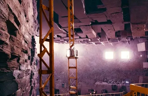 t0talr3call, concrete rectangled cylinders sticking out of a cave ceiling with a scaffolding ramp below it, film screencap, 35mm, Eastman 100T 5247, Eastman 400T 5295, Arriflex 35 BL4, Zeiss Super Speed Lens, <lora:totalrecallstyle_lora:0.8>