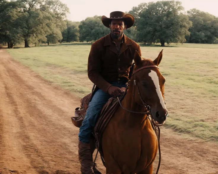 from django <lora:django_unchained_offset:1>, realistic, a portrait photo of a cowboy, cowboy hat, riding horse