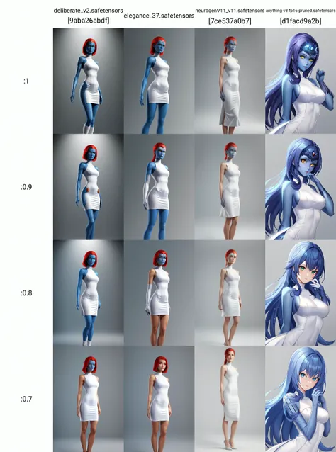 mystique  <lora:mystique-02:1> grey background, looking at viewer, (white dress), simple background, solo, upper body